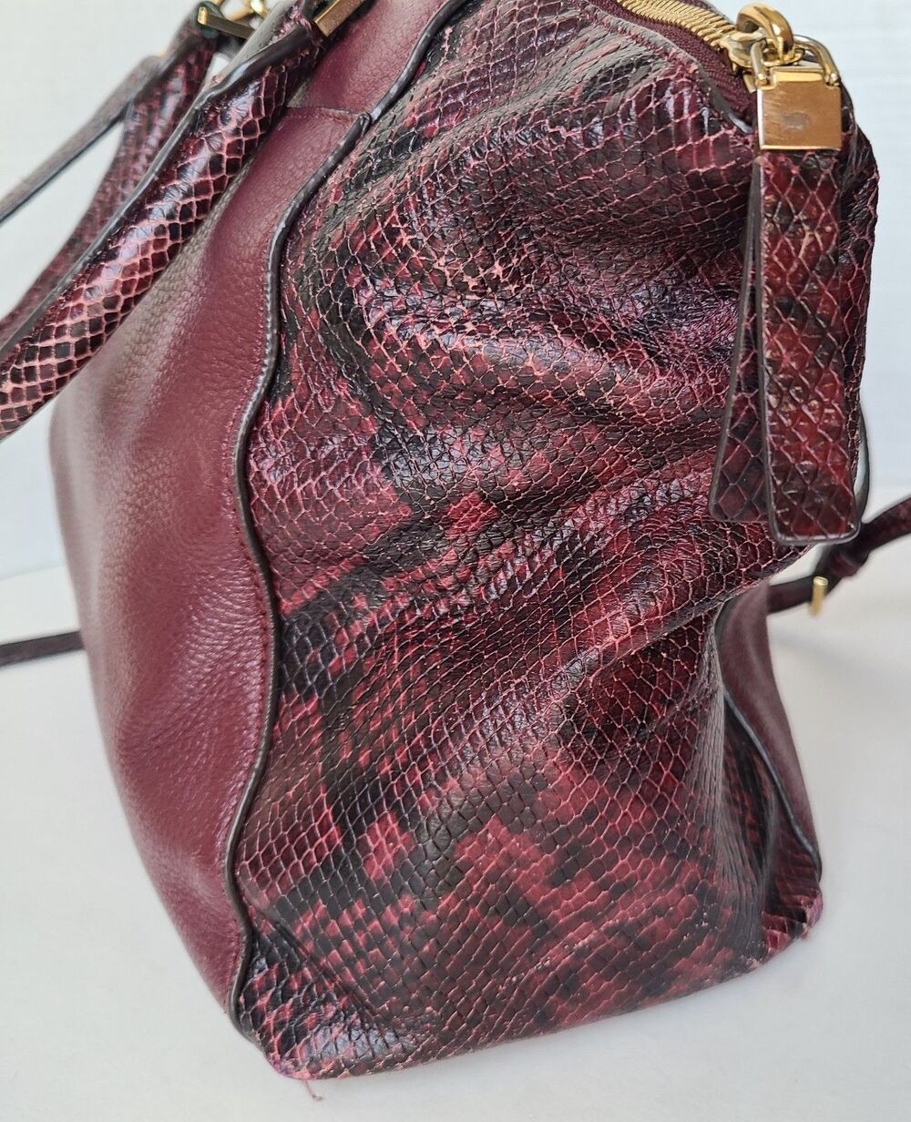 Michael Kors Burgundy Leather Python Embossed Satchel Shoulder Bag Purse Large - Picture 5 of 16